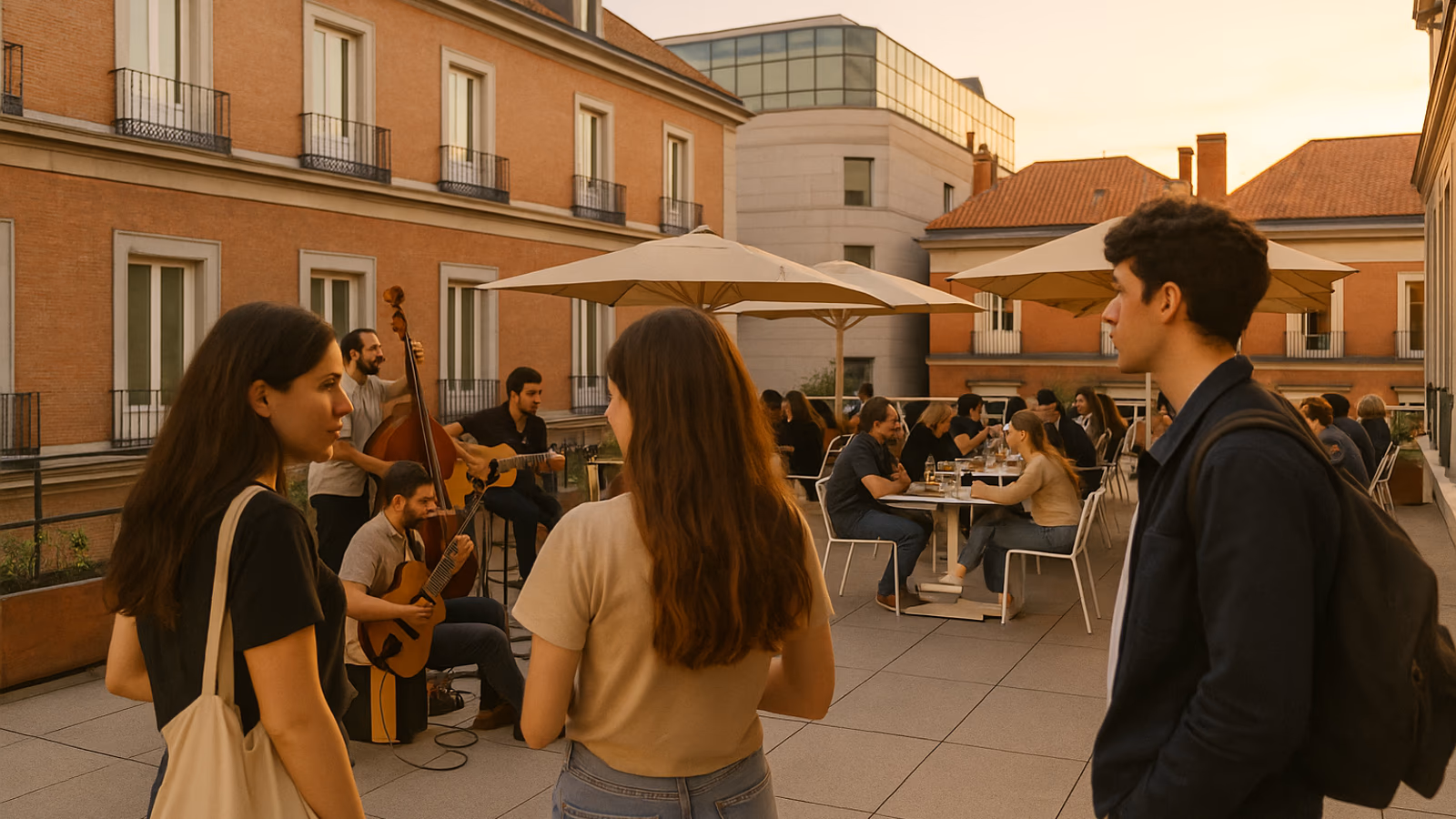 Vista de las terrazas del Museo Thyssen al atardecer con músicos tocando en vivo