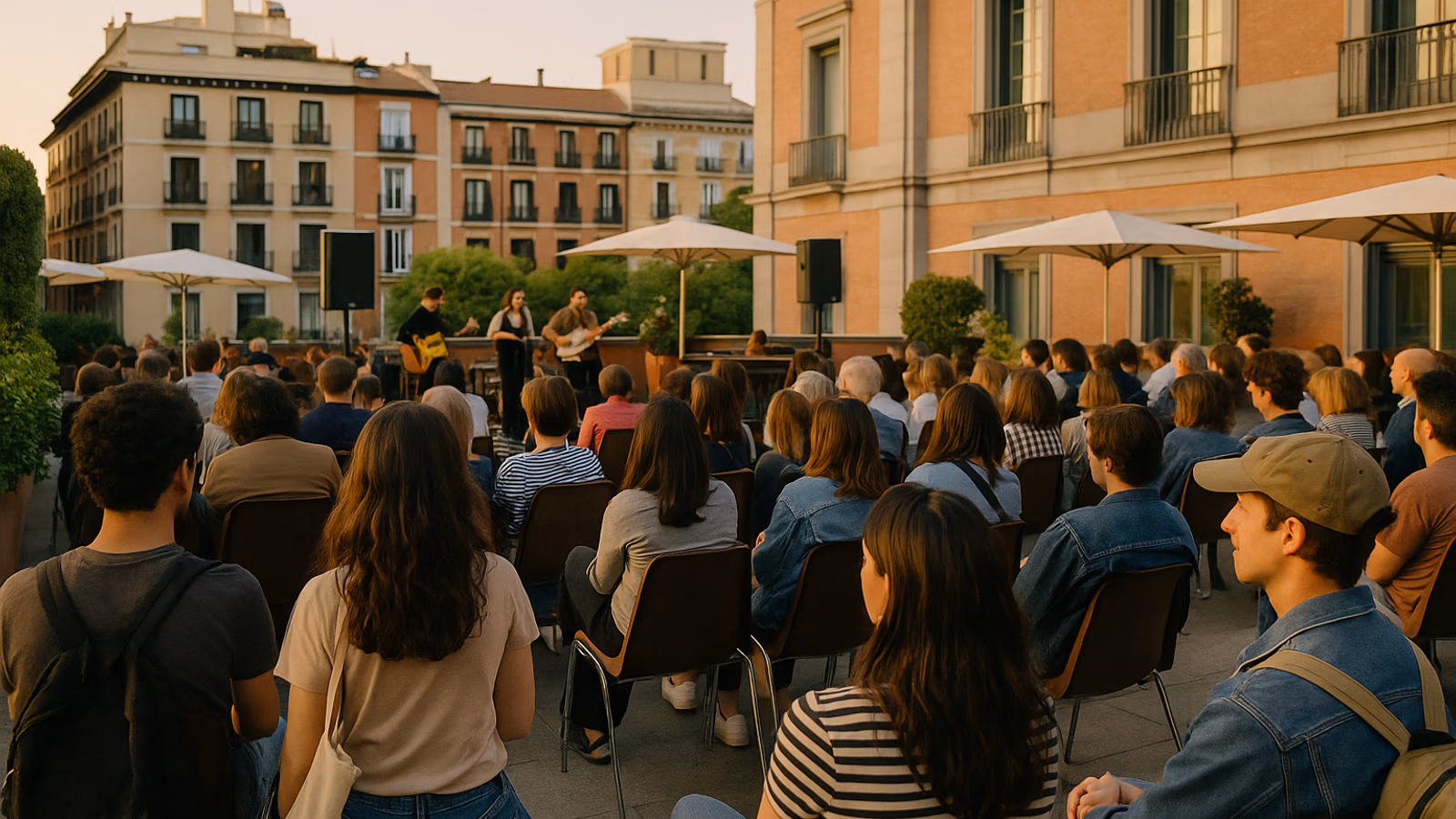 Público disfrutando de un concierto al aire libre en las terrazas del Museo Thyssen