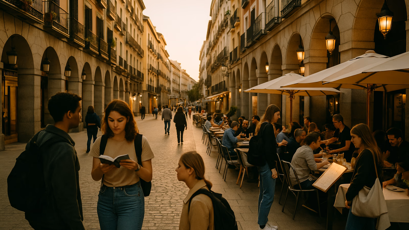 Calle peatonal cerca de la Puerta del Sol con terrazas y peatones