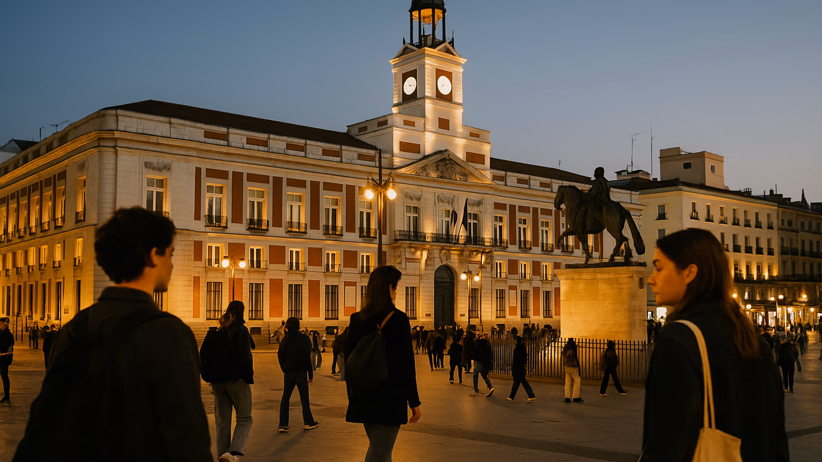 Vista nocturna de la Puerta del Sol iluminada