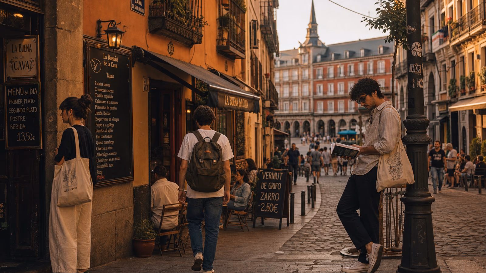 Vista de la Plaza Mayor de Madrid con terrazas y edificios históricos.