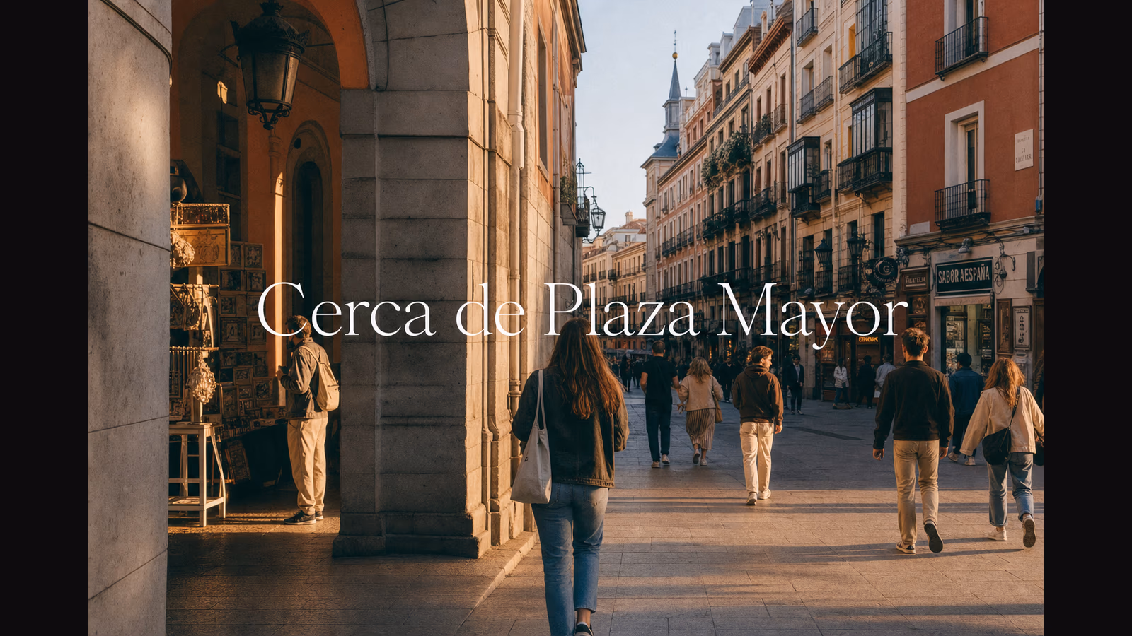 Street-level scene in central Madrid near Plaza Mayor at golden hour