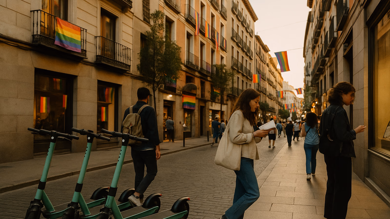 Electric scooters on a Madrid street during Pride