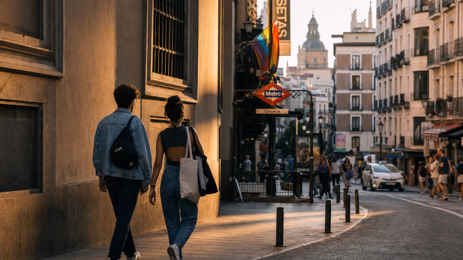 Madrid scene with Pride flags and public transport