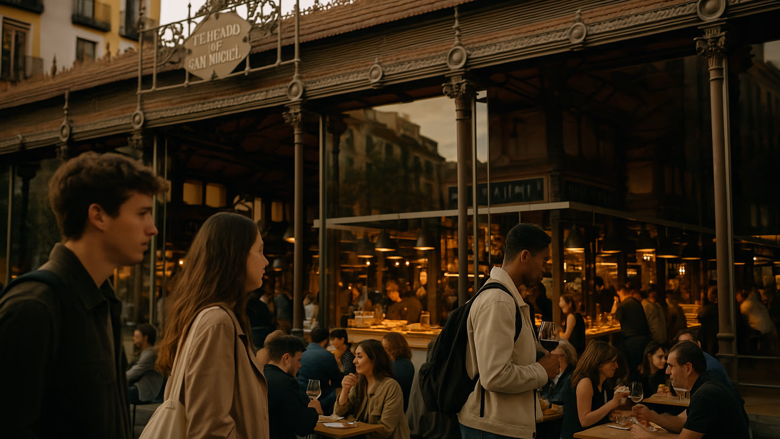 Vista del Mercado de San Miguel con visitantes disfrutando de tapas y vinos